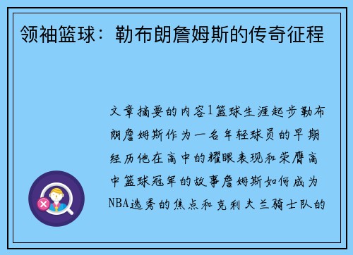 领袖篮球：勒布朗詹姆斯的传奇征程