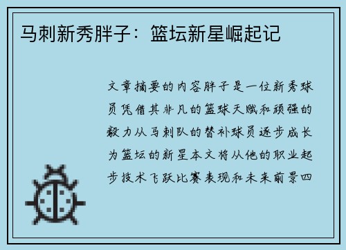 马刺新秀胖子：篮坛新星崛起记